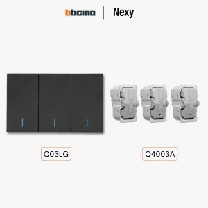 Bticino Nexy ชุดสวิตช์สองทาง 3 ช่อง สีกราไฟต์ (ดำ) มีไฟ | 2 way 3-gang switch with lens - Graphite